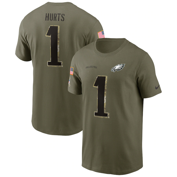 Men's Philadelphia Eagles #1 Jalen Hurts 2022 Olive Salute To Service T-Shirt